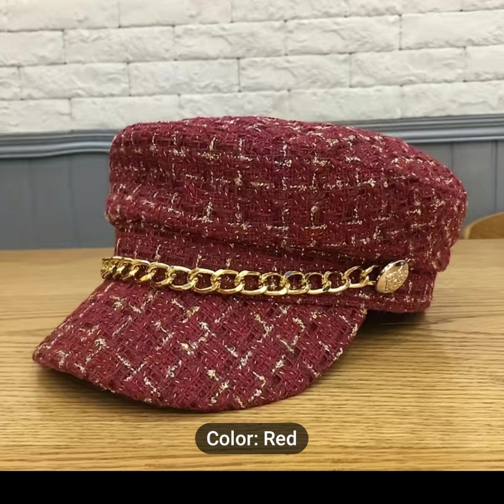 Stylish Red Tweed Women's Hat with Gold Chain